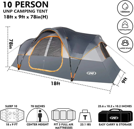 10-Person Family Camping Tent, Easy Setup, Waterproof, 2 Rooms
