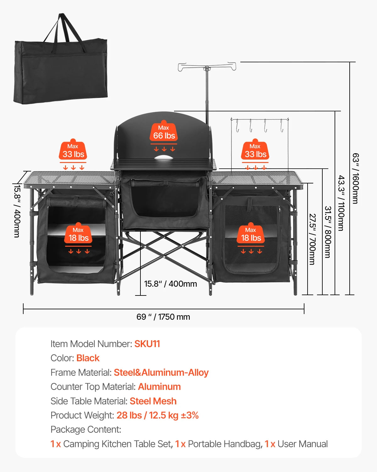 Camping Kitchen Table Aluminum Portable Cook Station with Storage.