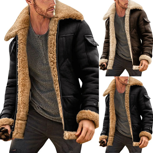 Men Plus Size Winter Scrub Leather Jackets Long Sleeve Fleece