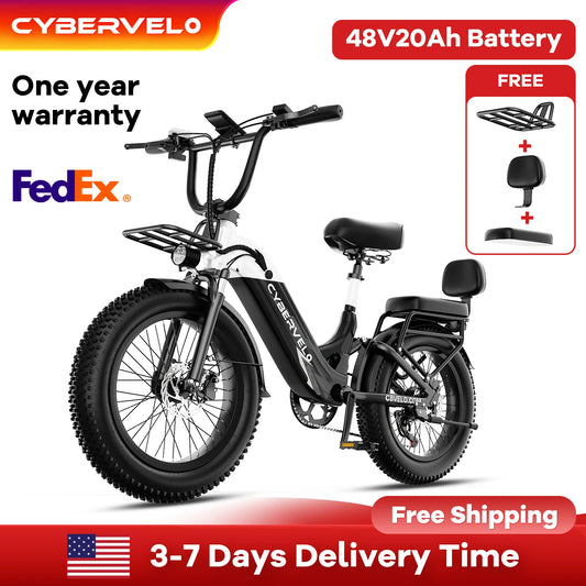 Cybervelo Step-Thru Electric Bike for Adults, 48V 20AH Removable Battery, 20" Fat Tire Shimano 7-Speed