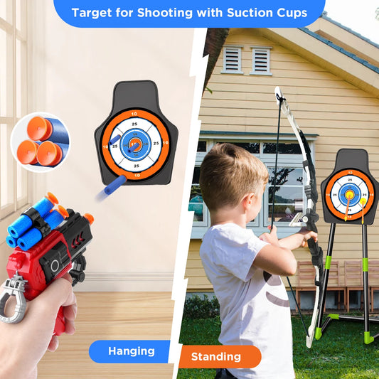 2X Bow, Arrow + Guns Toys, with stand For Kids.