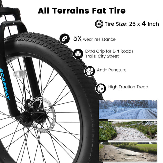 26 Inch Mountain Bike, 4-Inch Wide Fat Tires, 21 Speed, Steel Frame, Disc Brake