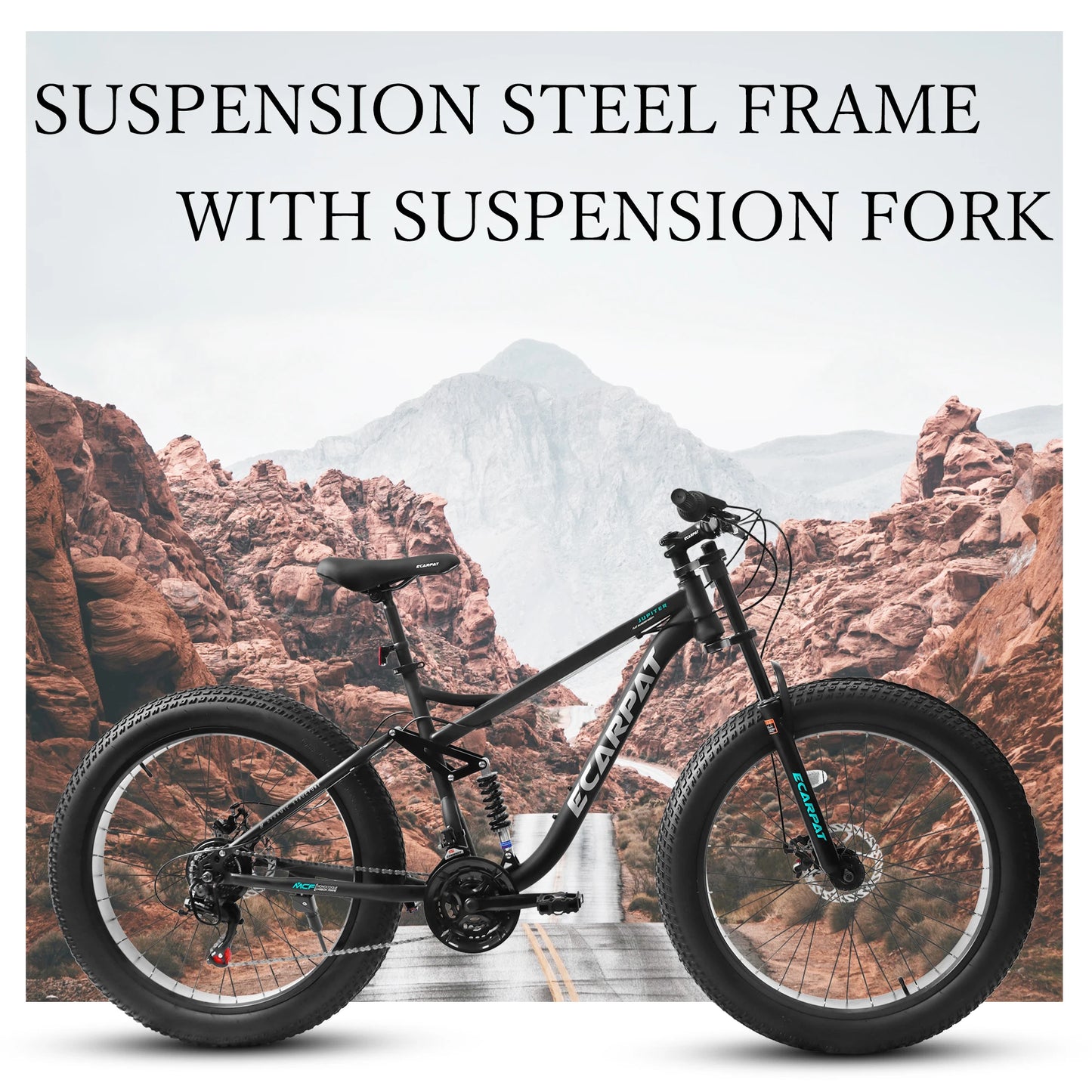 26 inch Mountain Bike, Full-Suspension 21 Speeds Drivetrain with Disc-Brake MTB Bicycle, 26*4" Fat tire Bike