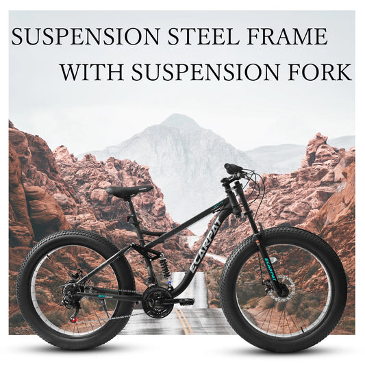 26 inch Mountain Bike, Full-Suspension 21 Speeds Drivetrain with Disc-Brake MTB Bicycle, 26*4" Fat tire Bike