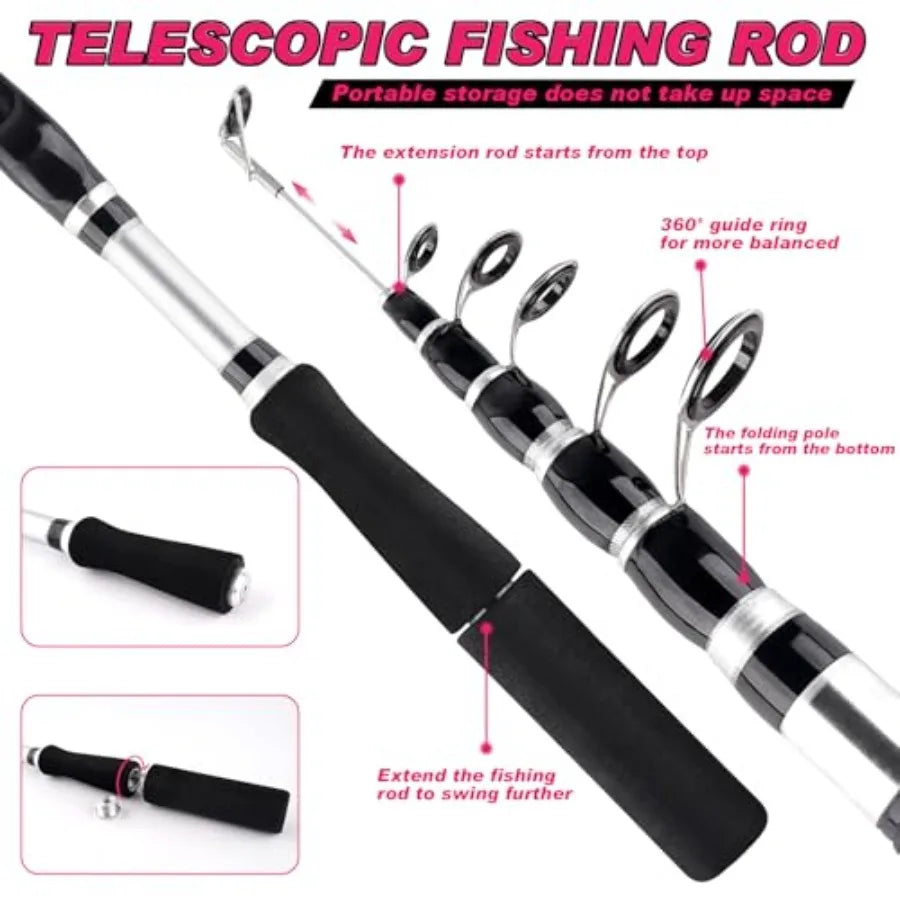 2PCS Telescopic Fishing Rods and Reels Combo Set 6.89ft, Spinning Reel, Lures Accessories with Storage Bag