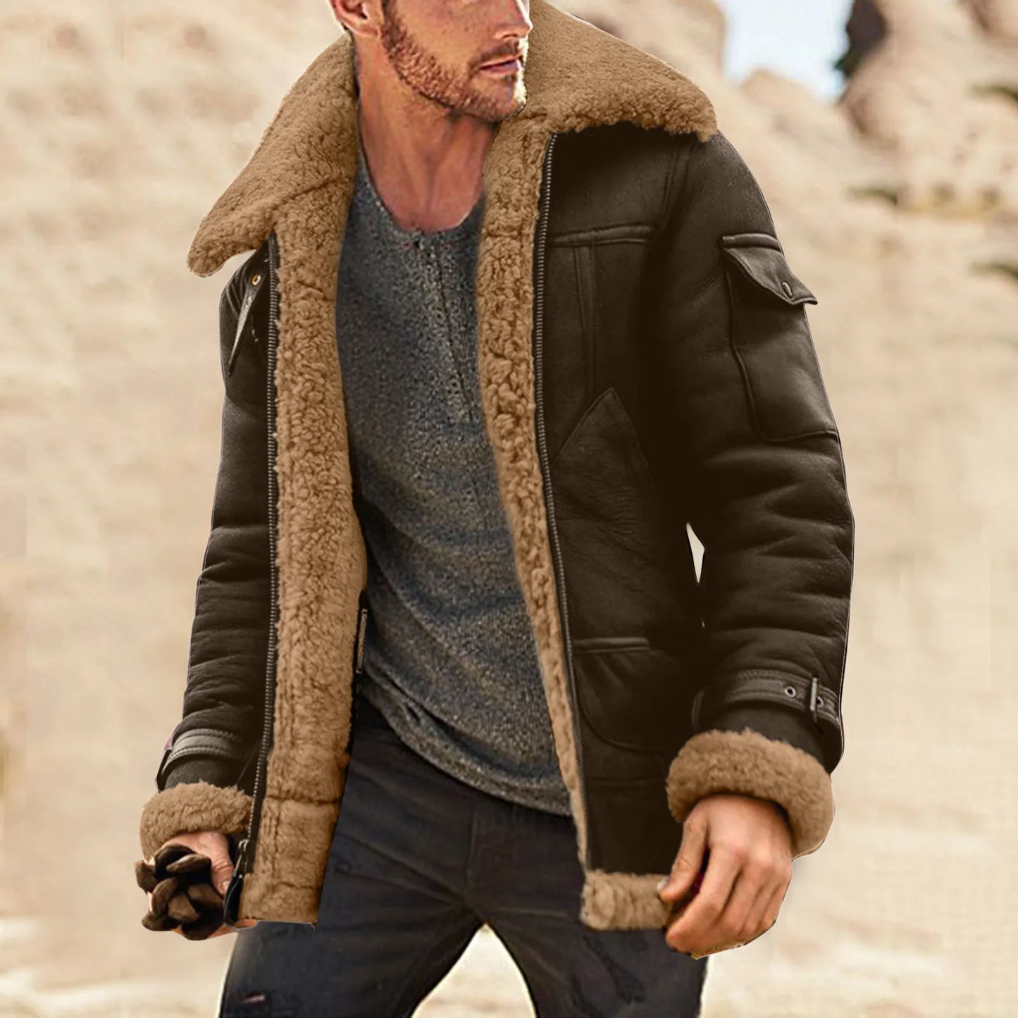 Men Plus Size Winter Scrub Leather Jackets Long Sleeve Fleece