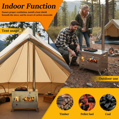 Hot Tent, Stove with 4 Chimney Pipes, Wood Burning Tent Stove, Stainless Steel