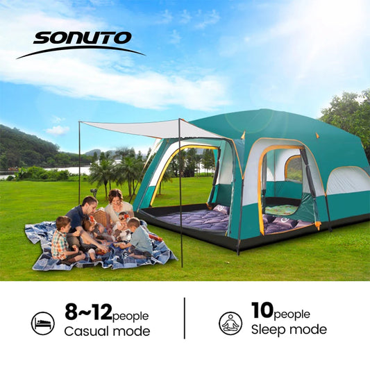 Large Family Tent 8-12 Person 2 Room Windproof with Sun Protection