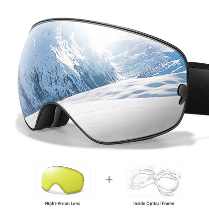 Anti-Fog SKI Goggles Snowboard Goggles UV400 with Night Vison Lens Men, Women, Teen