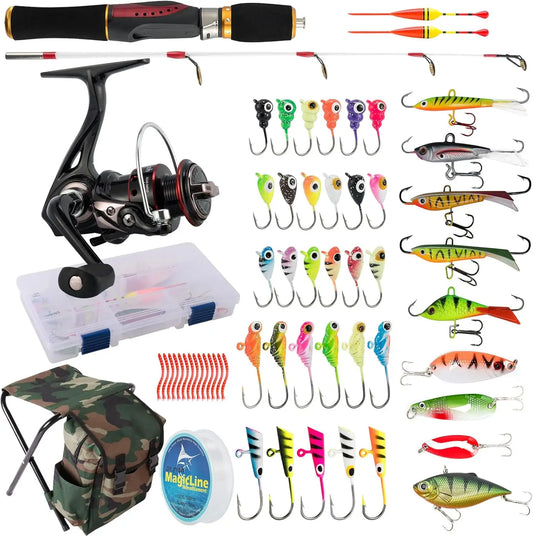Complete Ice Fishing Rod Reel Combo Kit with Backpack Seat and Lures for Winter Angling