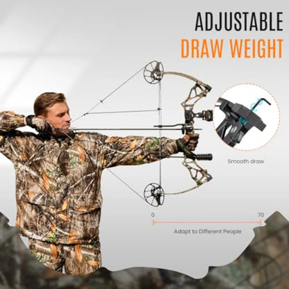 Lightweight Compound Bow Package Fully Adjustable for Adults and Teens, 23.531 Draw Length 070LBS Draw Weight Up to 320 FPS