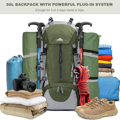 Hiking Backpack, Waterproof Camping Essentials Bag, with Rain Cover.