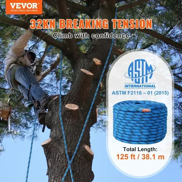 VEVOR 12.7mm Static Climbing Rope, 38M(125ft) Outdoor Rock Climbing Rope 32KN Breaking Tension, Fiber Rope with Steel Snap Hooks