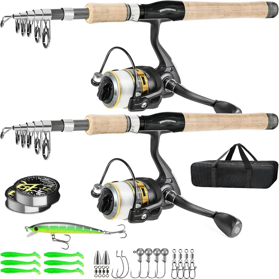2PCS Carbon Fiber Telescopic Fishing Pole with 12+1 Shielded Bearings, Stainless Steel.