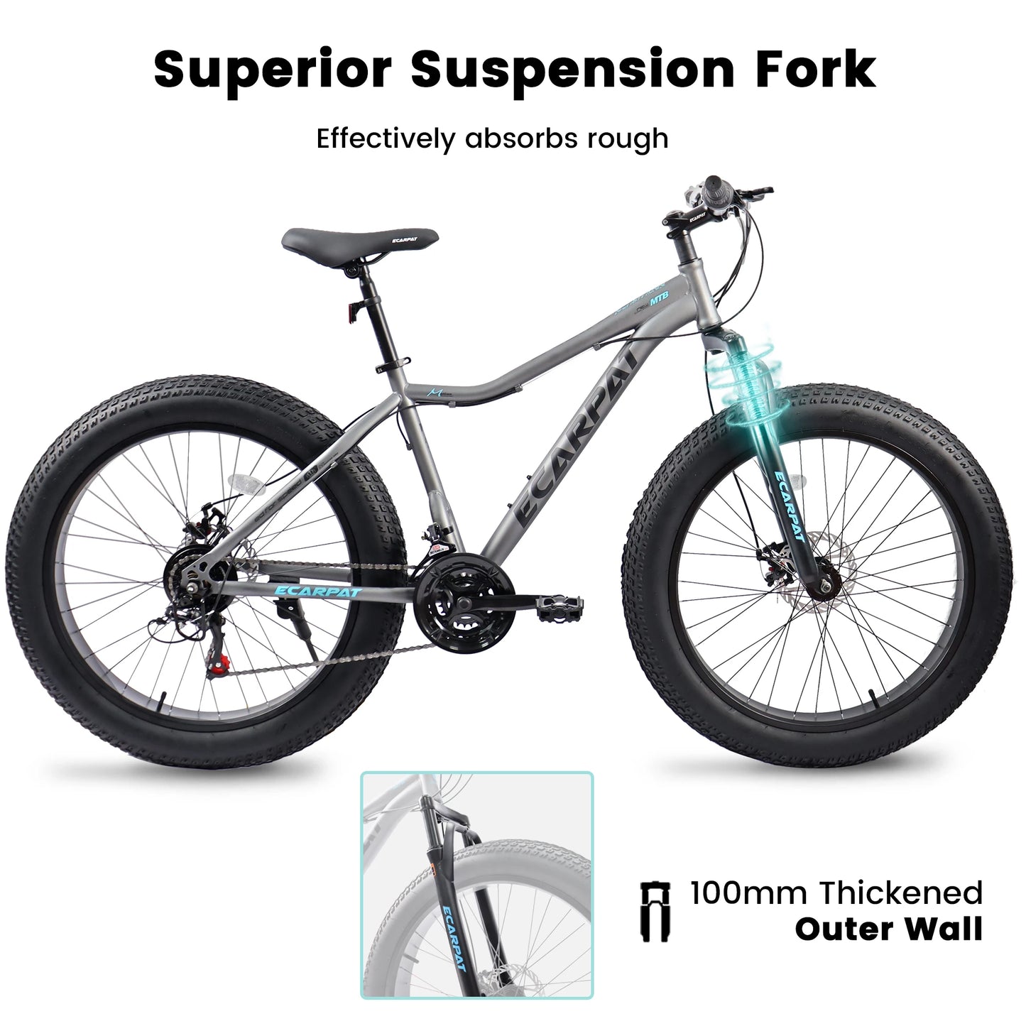 26 Inch Mountain Bike, 4-Inch Wide Fat Tires, 21 Speed,  Steel Frame, Disc Brake