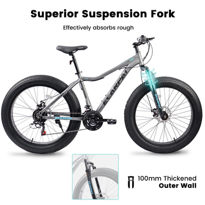 26 Inch Mountain Bike, 4-Inch Wide Fat Tires, 21 Speed,  Steel Frame, Disc Brake