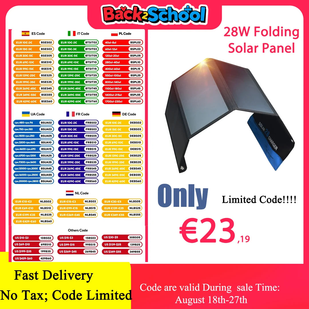 28W Portable Solar Panel 5V Folding, 2 USB Ports Phone Charger