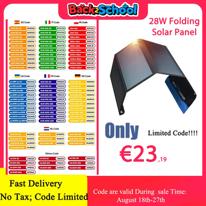 28W Portable Solar Panel 5V Folding, 2 USB Ports Phone Charger