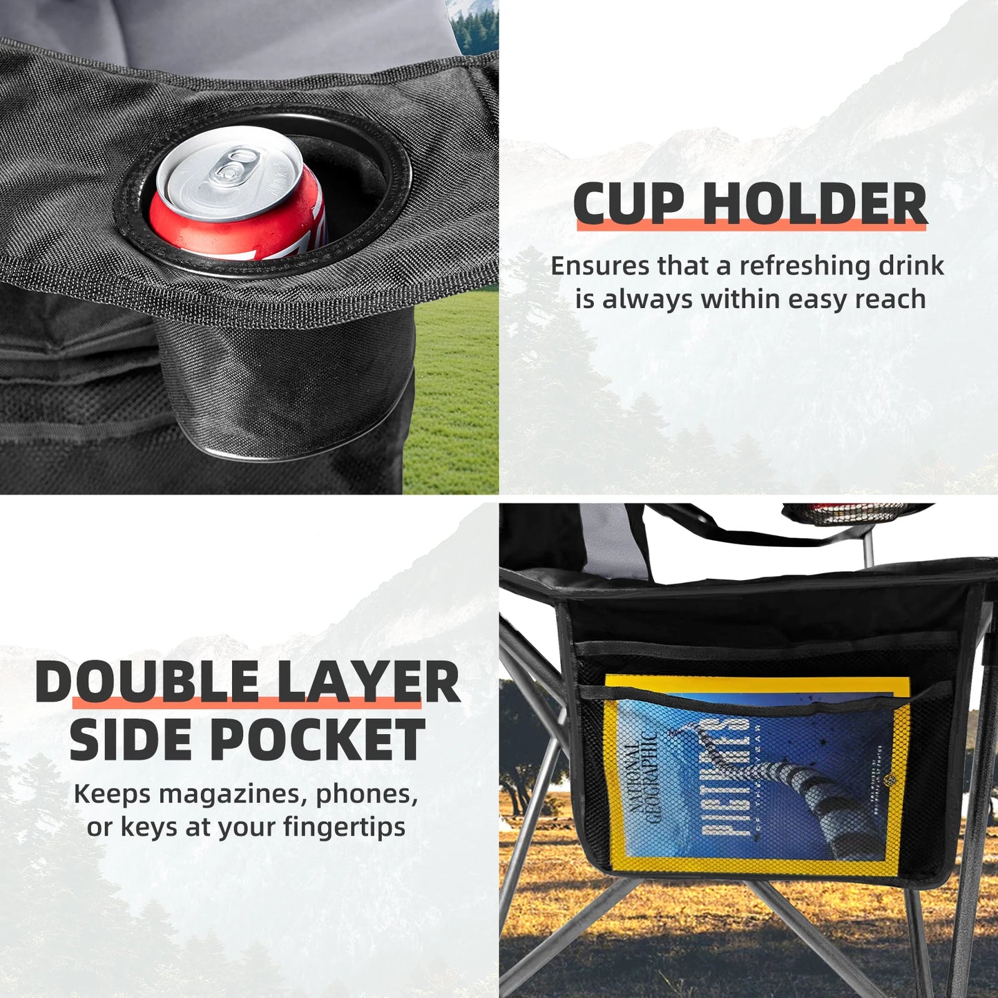 Tisetrail 2 Pack Folding Camping Chairs for Adults High Back Padded Lawn Chairs Portable Outdoor Camp Chair, Black & Gray