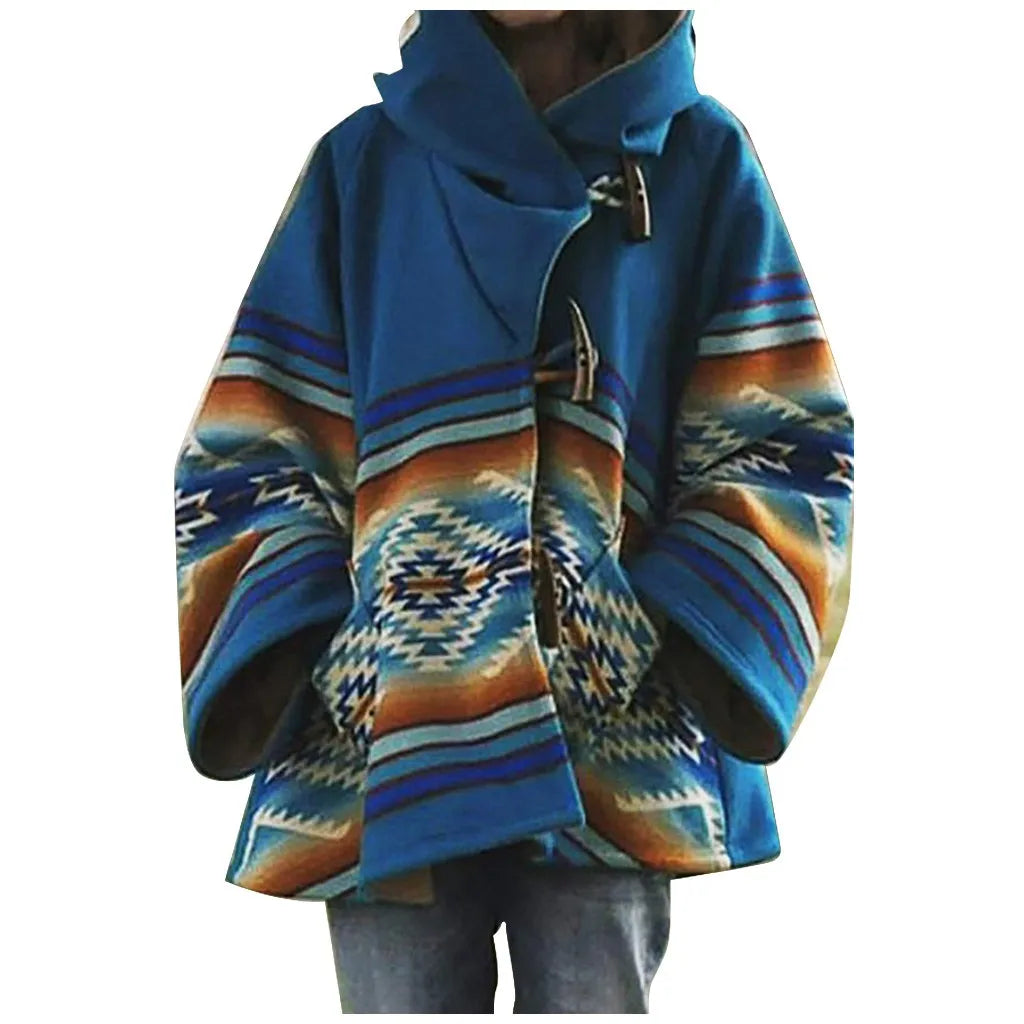 Winter Women Jackets Retro Printed Coat Long Sleeve Hooded