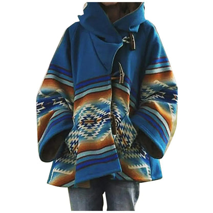 Winter Women Jackets Retro Printed Coat Long Sleeve Hooded
