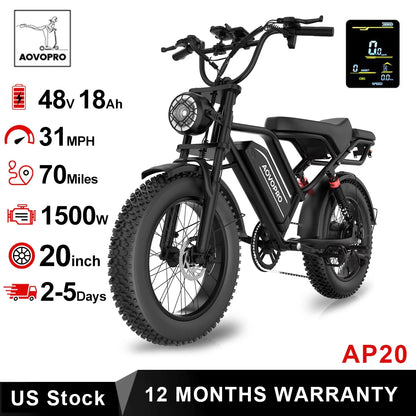 AOVOPRO AP20 Electric Bike 1500W 20" Fat Tire 31mph Top Speed 70 Miles
