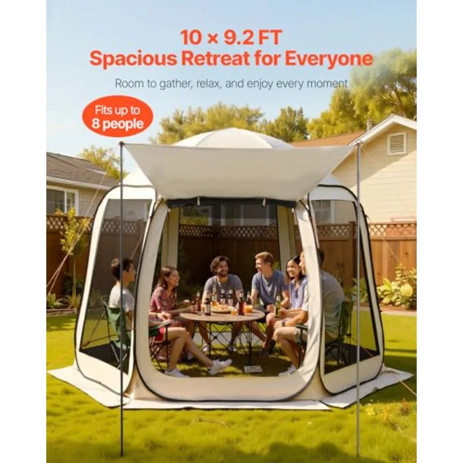 10 x 9.2' Pop-Up Screen House Tent with Extended Awning, 4–8 Person
