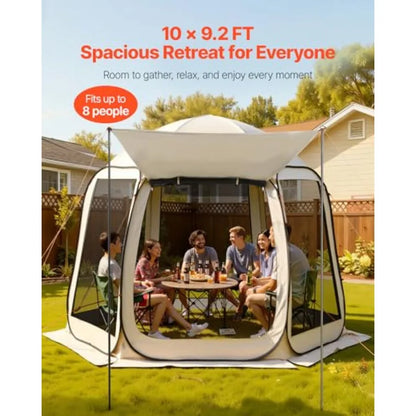 10 x 9.2' Pop-Up Screen House Tent with Extended Awning, 4–8 Person