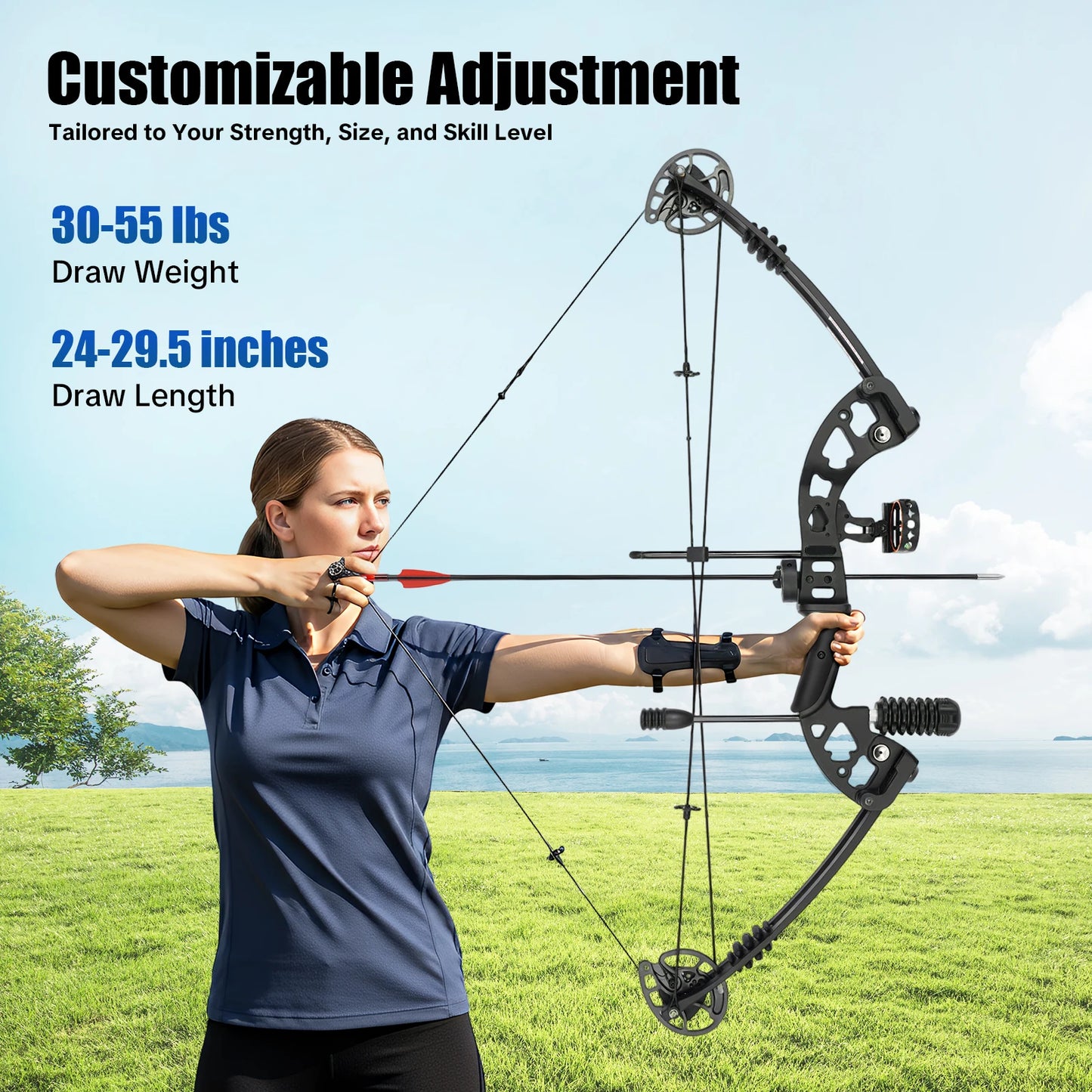 30-55 lbs Compound Bow Adjustable Draw Weight and Length with 3-Pin Sight 12 Arrows Complete Arch Set