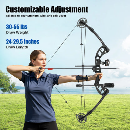 30-55 lbs Compound Bow Adjustable Draw Weight and Length with 3-Pin Sight 12 Arrows Complete Arch Set