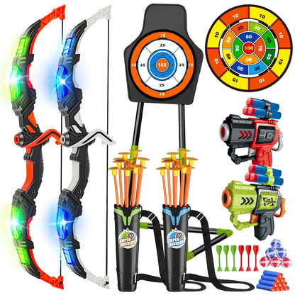 2X Bow, Arrow + Guns Toys, with stand For Kids.