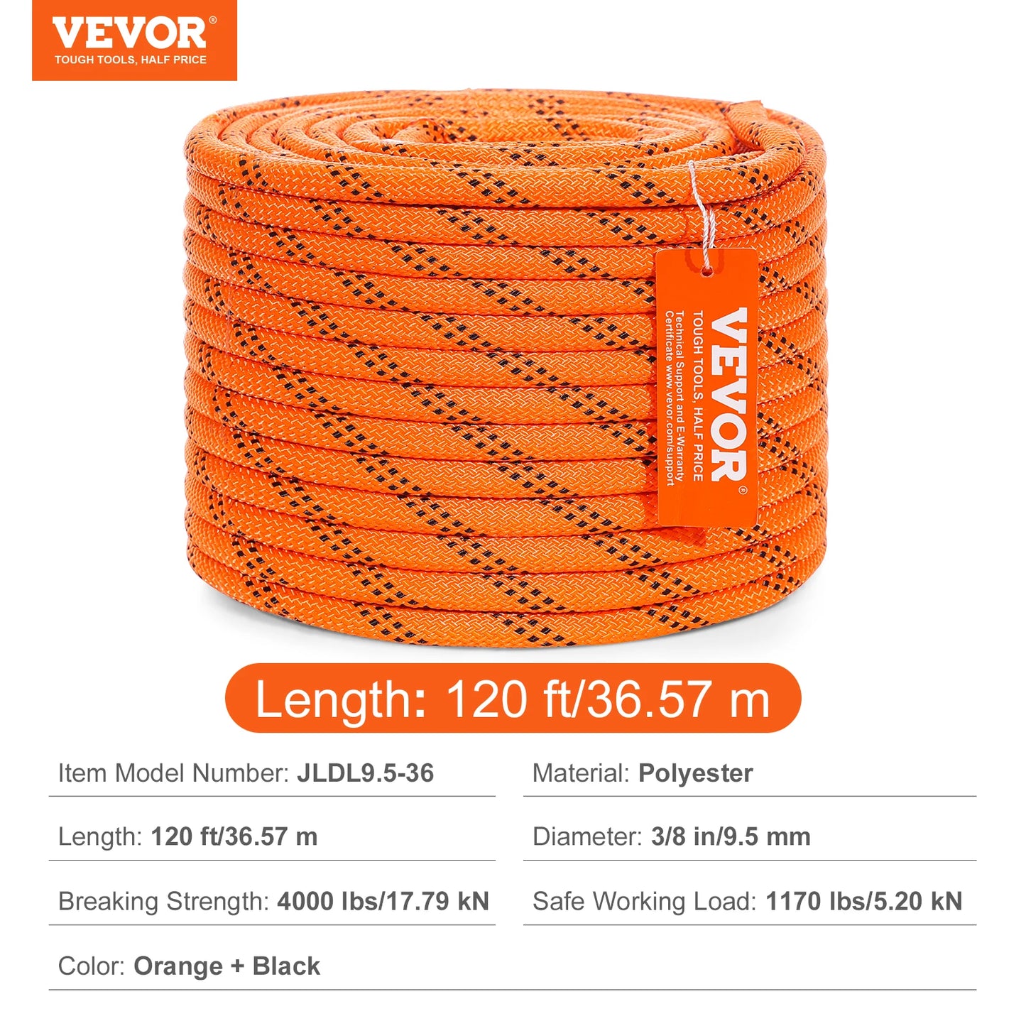 SucceBuy 120ft Dual-Weave Polyester Cord 3/8 1/2in 48-Strand Multi-Use Rope