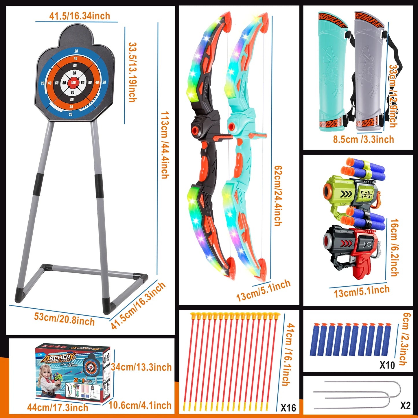 2 Bow and Arrow Sets with LED Light-up, 2 Foam Dart Guns for Kids 5 6 7 8 9 10+, Archery Set with Standing Target for Boys Girls