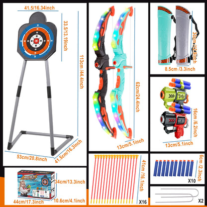 2 Bow and Arrow Sets with LED Light-up, 2 Foam Dart Guns for Kids 5 6 7 8 9 10+, Archery Set with Standing Target for Boys Girls