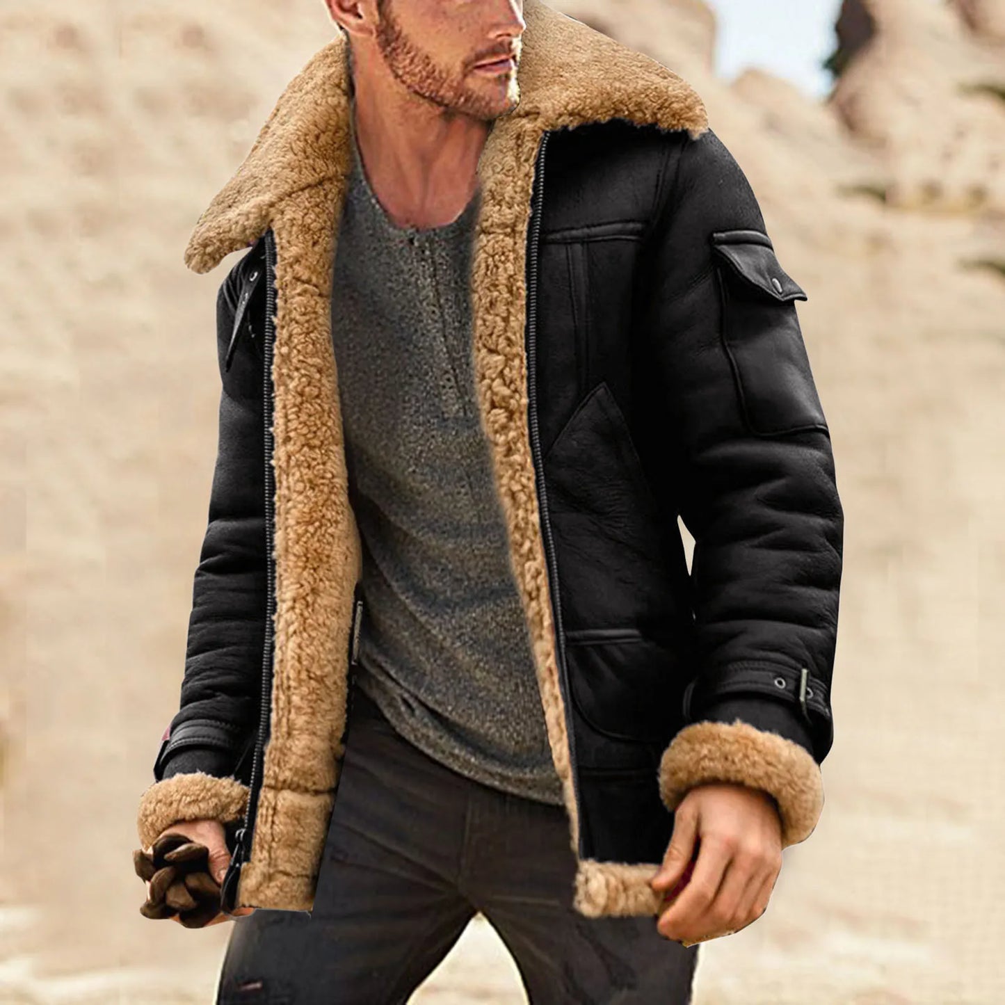 Men Plus Size Winter Scrub Leather Jackets Long Sleeve Fleece