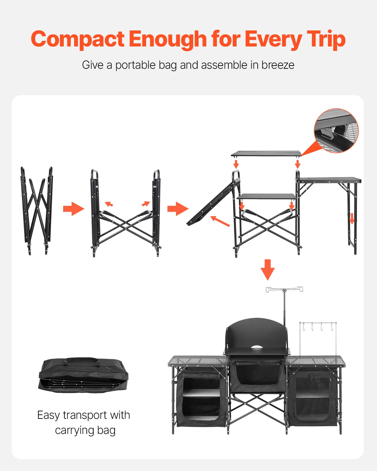 Camping Kitchen Table Aluminum Portable Cook Station with Storage.