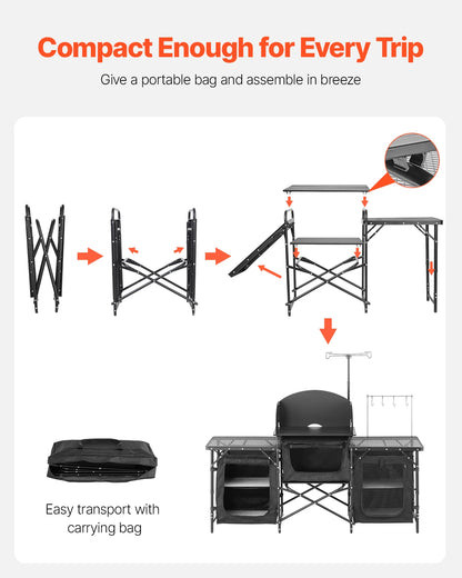 Camping Kitchen Table Aluminum Portable Cook Station with Storage.
