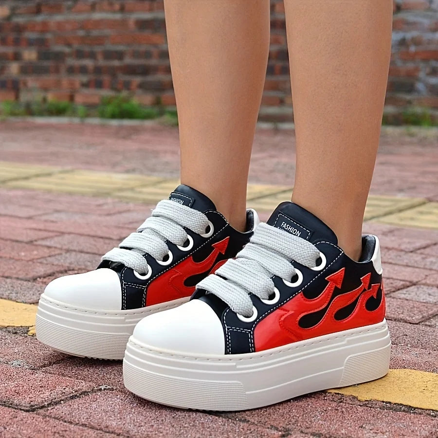Black Red Fire Women Sneakers, Platform , Casual Shoes
