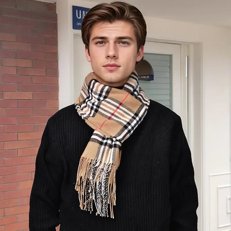 Plaid Cashmere Scarf Man Tassel Shawl