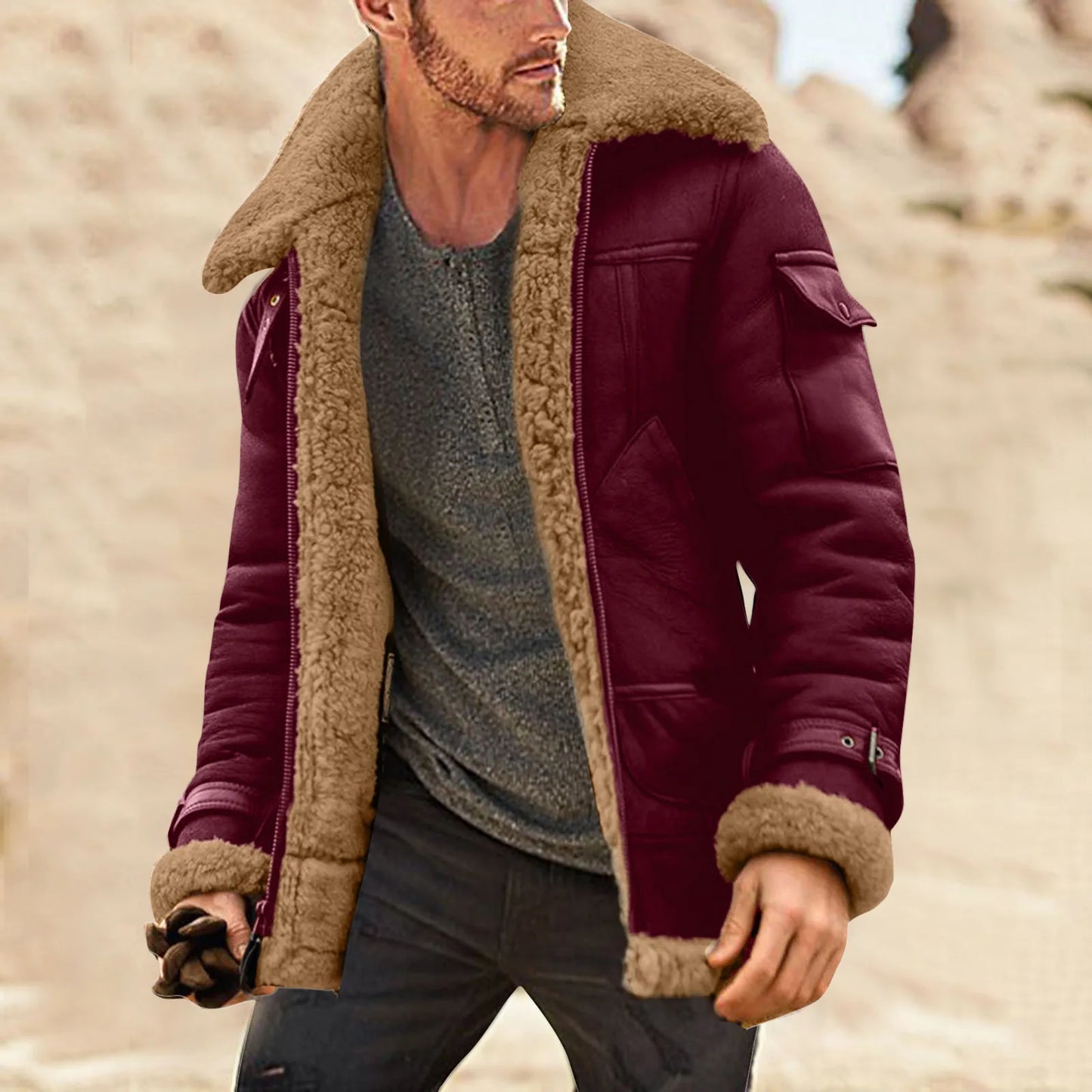 Men Plus Size Winter Scrub Leather Jackets Long Sleeve Fleece