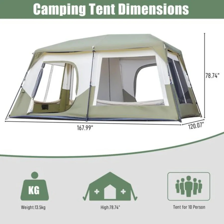 10 Person Camping Tent Setup in 60 Snds with Rainfly, Windproof.