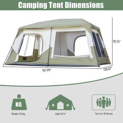 10 Person Camping Tent Setup in 60 Snds with Rainfly, Windproof.