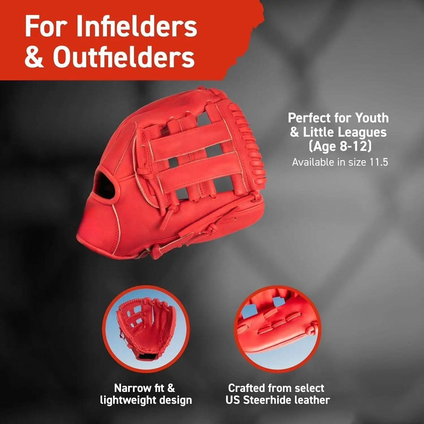 Baseball Glove for Youth & Little Leagues, Age 8-12, Infielders & Outfielders Mitt, 11.5"