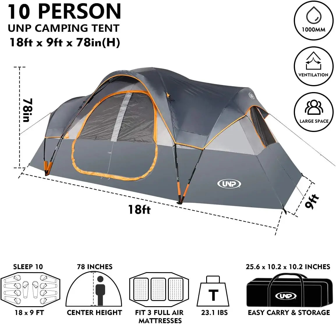 10-Person Family Camping Tent, Easy Setup, Waterproof, 2 Rooms
