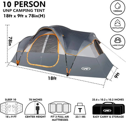 10-Person Family Camping Tent, Easy Setup, Waterproof, 2 Rooms