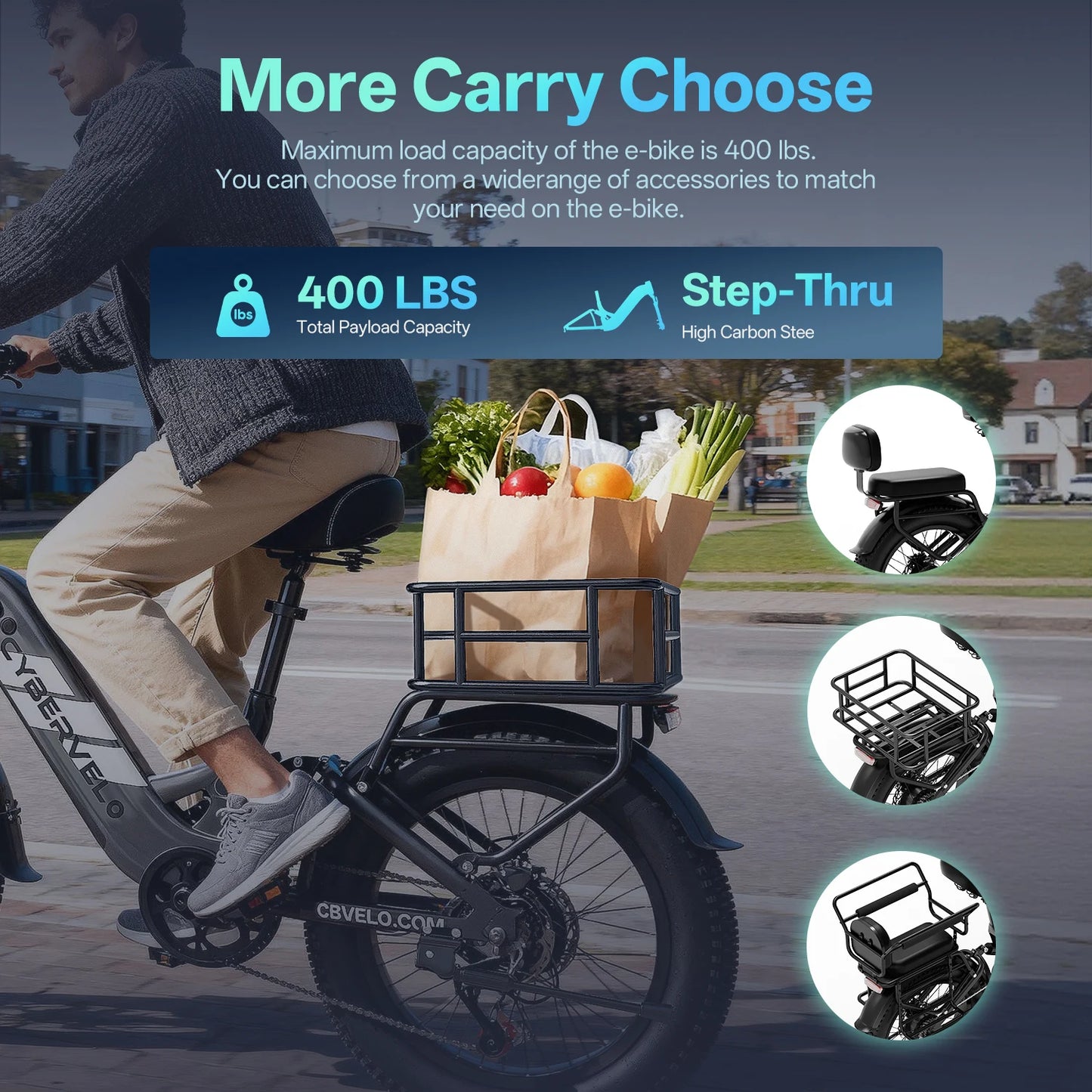 Cybervelo Step-Thru Electric Bike for Adults, 48V 20AH Removable Battery, 20" Fat Tire Shimano 7-Speed