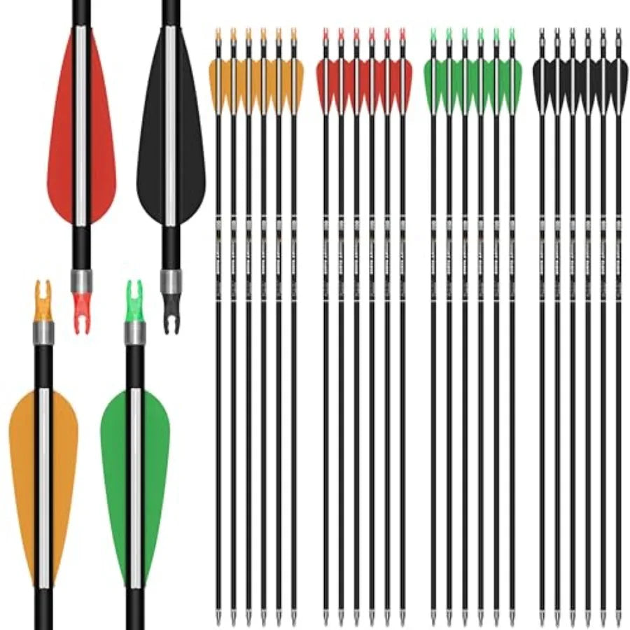 24PCS Compound Bow Arrows 30 Carbon Shaft Spine 500 with Removable Tips