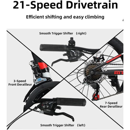 2024 24 Inch Bike for Boys and Girls Ages 6-14 21-Speed Mountain Bicycle with Front Suspension and Disc Brakes Ideal for Off-Ro
