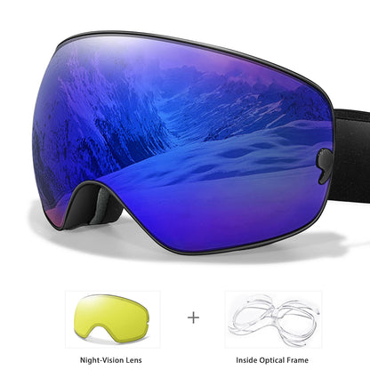 Anti-Fog SKI Goggles Snowboard Goggles UV400 with Night Vison Lens Men, Women, Teen
