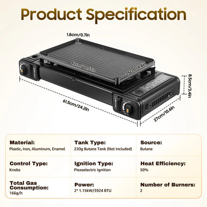 Butane Gas Camping Stove 3924, Portable Outdoor Grill, Hiking Trekkin
